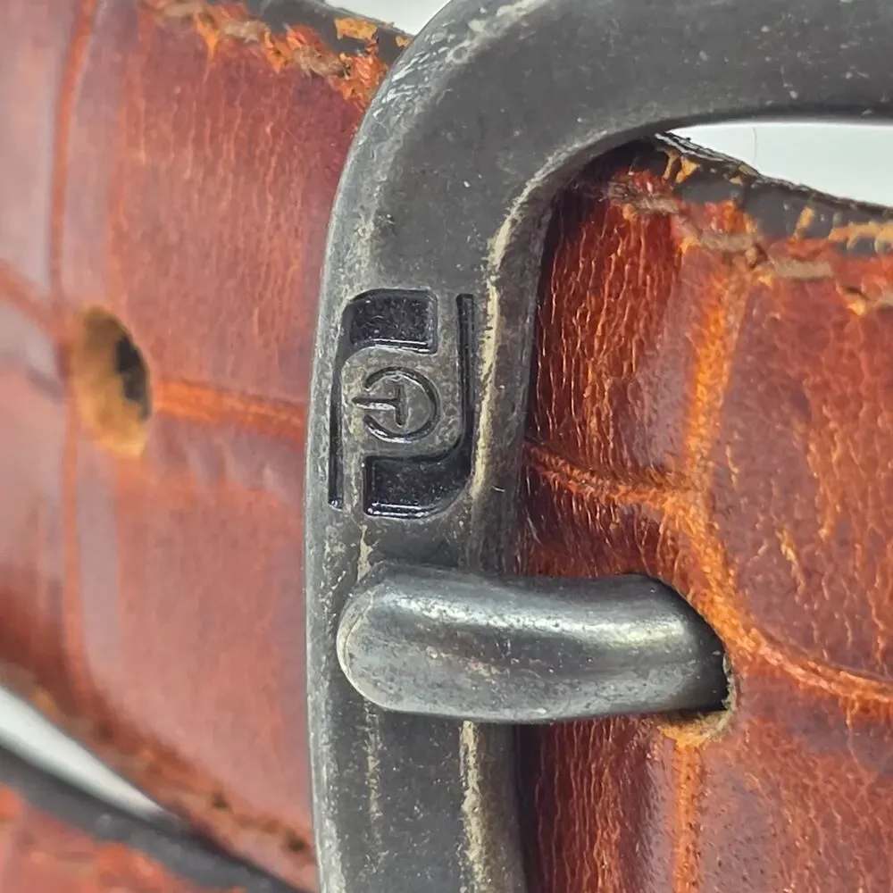 Crocodile Leather Belt Brown Solid Brass Buckle Mens Size 34 Academia Office USA